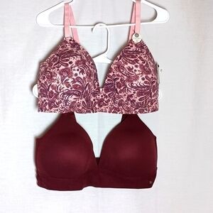 Lucky Brand 2 Wireless Burgundy Paisley and Solid Colored Bras Size 42D NWT
